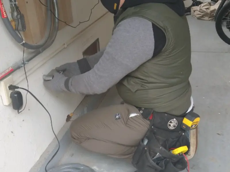 Electrician performing outlet wiring in a Muskegon garage
